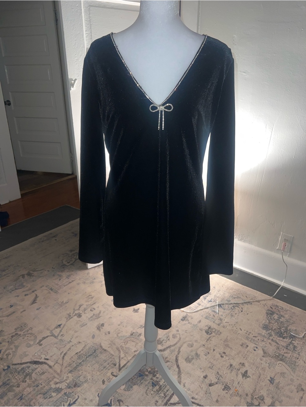 Black Velvet Rhinestone Bow Holiday Party Dress